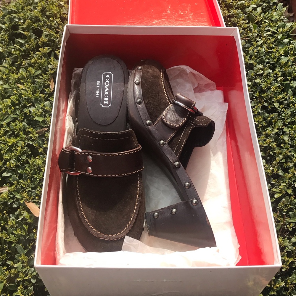 Great pair of brown suede  Coach mules with silver studded trim!